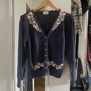 Vintage Margules Navy Blue Embroidered Floral Cardigan